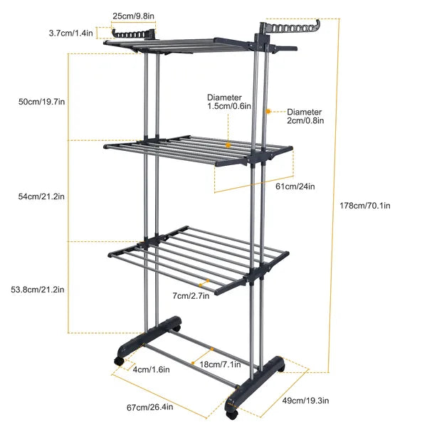 Clothes Drying Rack Rolling Collapsible Laundry Dryer Hanger Stand Rail Shelve Wardrobe Clothing Drying Racks - view 5