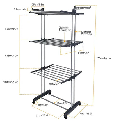 Clothes Drying Rack Rolling Collapsible Laundry Dryer Hanger Stand Rail Shelve Wardrobe Clothing Drying Racks - view 5