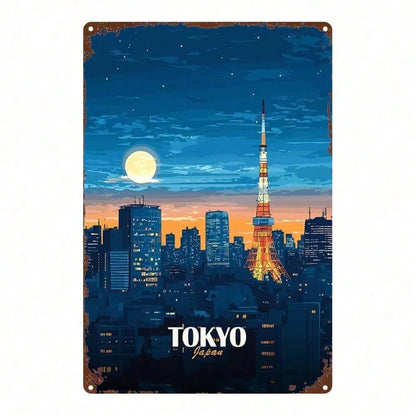 1pc Tokyo Japan Cityscape Metal Sign, 8x12 Inch Rustic Iron Wall Art - view 6