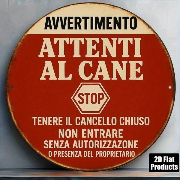 1pc Vintage Italian "Beware Of Dog" Warning Sign, 8-Inch Round Metal Plaque With Stop Symbol & Dog Icon
