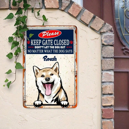 1pc Shiba Inu Dog Metal Sign, Keep Gate Closed Humorous Wall Art, Art - view 2