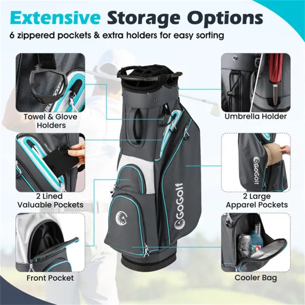 14-Way Golf Cart Bag - 6 Zippered Pockets+Cooler Pocket, Waterproof Zippers, Gray+Blue - view 3