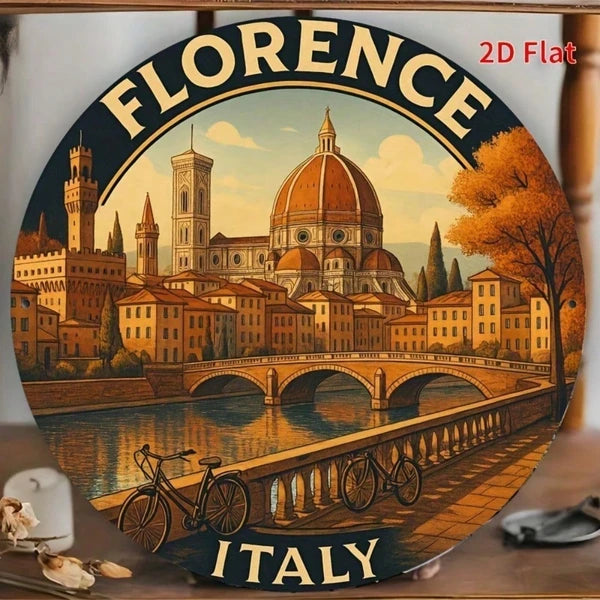 2D Flat Metal Wall Art Florence Italy Cityscape, Vibrant Duomo Cathedral Ponte Vecchio Aluminum Sign