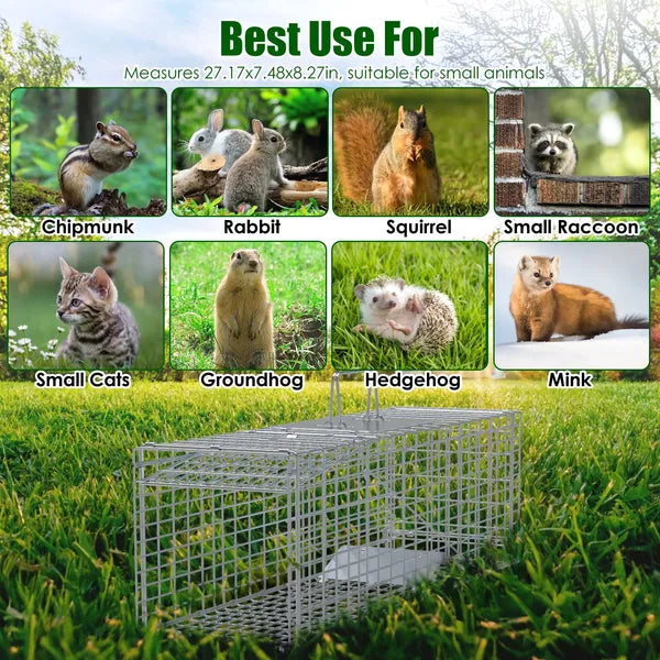 Live Animal Trap Cage 27x7.5x8in Folding Catch And Release Steel Humane Cat Trap For Racoons Stray Cats Rabbits Beavers - view 4