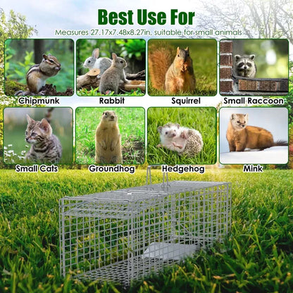 Live Animal Trap Cage 27x7.5x8in Folding Catch And Release Steel Humane Cat Trap For Racoons Stray Cats Rabbits Beavers - view 4