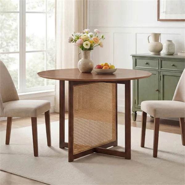37.5" Round Dining Table For 2-4 People, Mid-Century Modern Kitchen Table With PE Rattan & Rubber Wood Legs - view 2