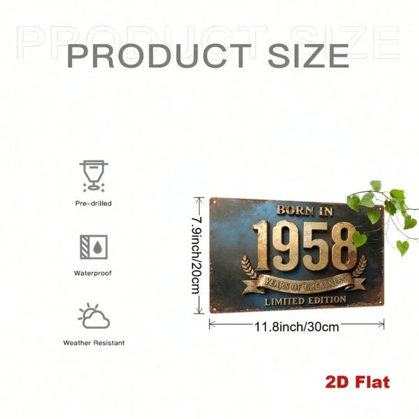 Vintage 1958 Metal Tin Sign, Retro 2D Flat Iron Plaque, Born In 1958 Years Of Greatness Limited Edition Quote