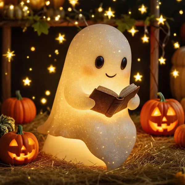 Cute Ghost Reading Book Lamp Halloween Gifts Light Up Ghost Statue Night Light Ghost Warm Lighted Indoor Figurine House