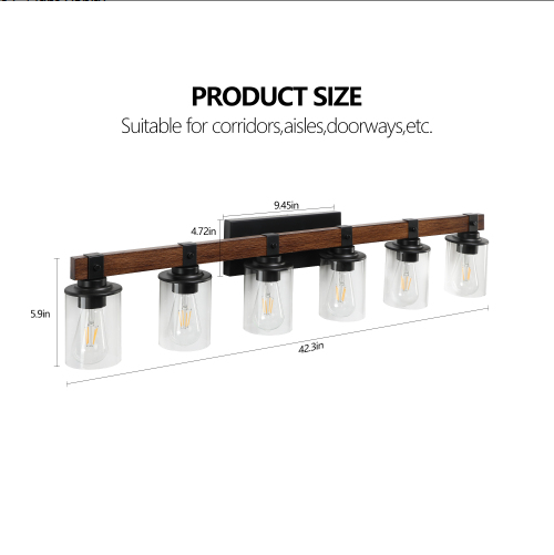 42 Inch Rustic 6-Light Vanity Light, Industrial Bathroom Wall Sconce With Glass Shades And Wood Accent - view 6