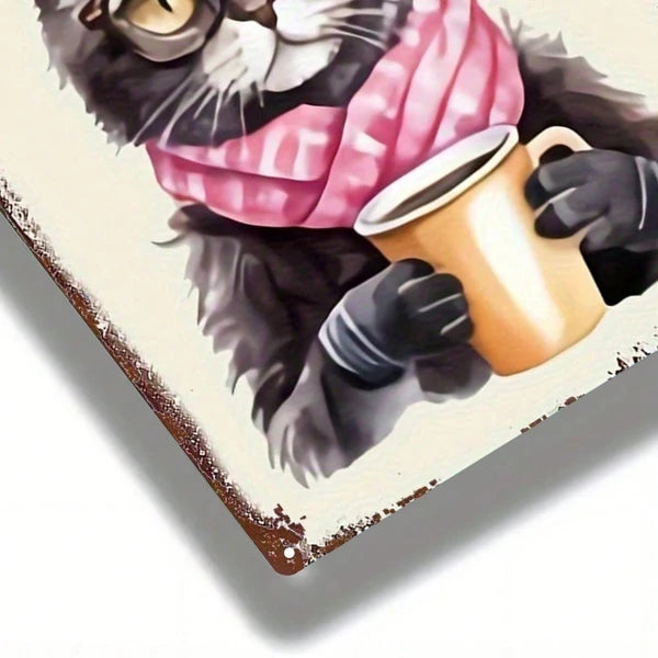 Vintage Black Cat Drinking Coffee Metal Sign 8x12 Inch, Antique Tin Plaque With Glasses For Home Kitchen Cafe Bar - view 5