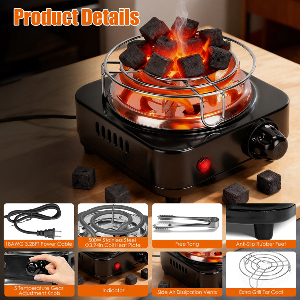 Electric Charcoal Burner For Hookah - 500W Fast Heating, 5 Temperature Gears, Thermostat Safety & Stainless Steel Coil - view 5