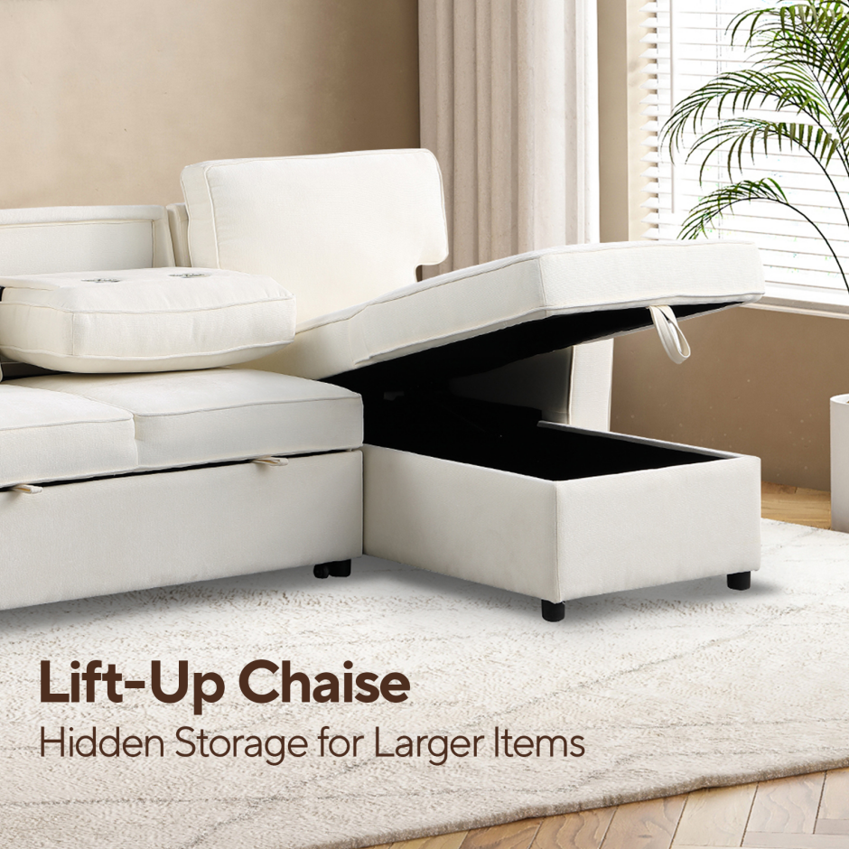 USTYLE Upholstery Sleeper Sectional Sofa With Storage Space, USB Port, 2 Cup Holders On Back Cushions - view 10