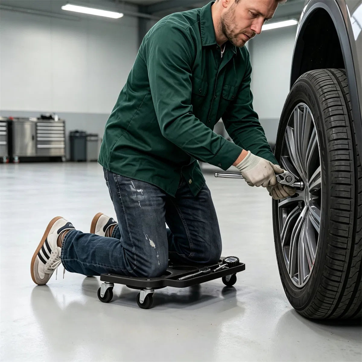 Black Rolling Knee Creeper with EVA Foam Cushioned Pads, 300 LBS Capacity Garage Knee Dolly with Magnetic & Long Tool - view 4