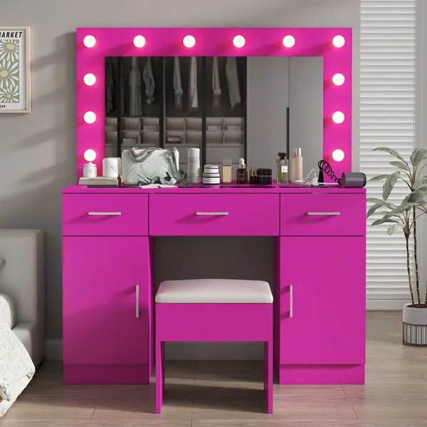 Vanity Desk Set with Large Lighted Mirror and Powre Outlet, Glass Top Makeup Vanity with 3 Drawers and 2 Cabinets