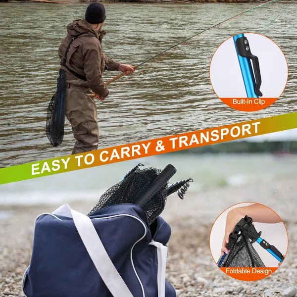 Foldable Fishing Net With Aluminum Alloy Rod EVA Handle Durable 5MM Hexagonal Nano Coating Nylon Mesh Collapsible - view 2