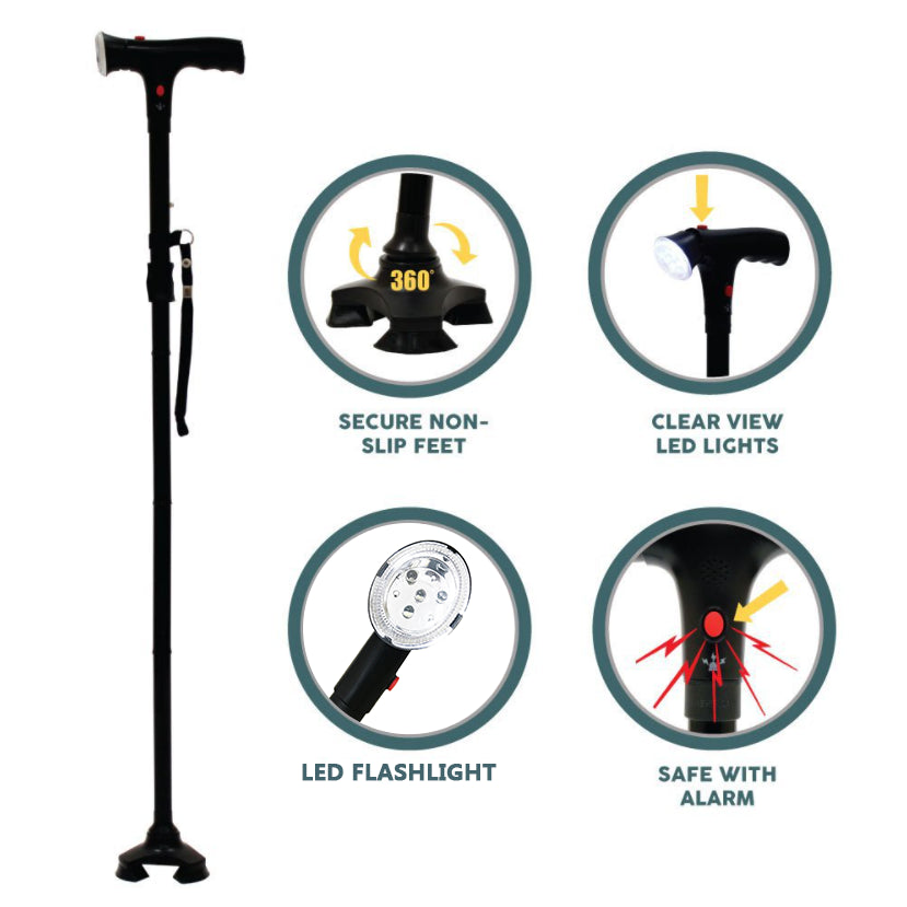 Collapsible Adjustable Height Cane With LED Light Alert Button Walking Stick - view 3