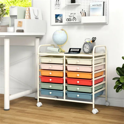 12-Drawer Rolling Storage Cart - 2-Row 10-Storey, Multicolor Drawers, 4 Wheels (2 Brake), White Frame-Macaron - view 3