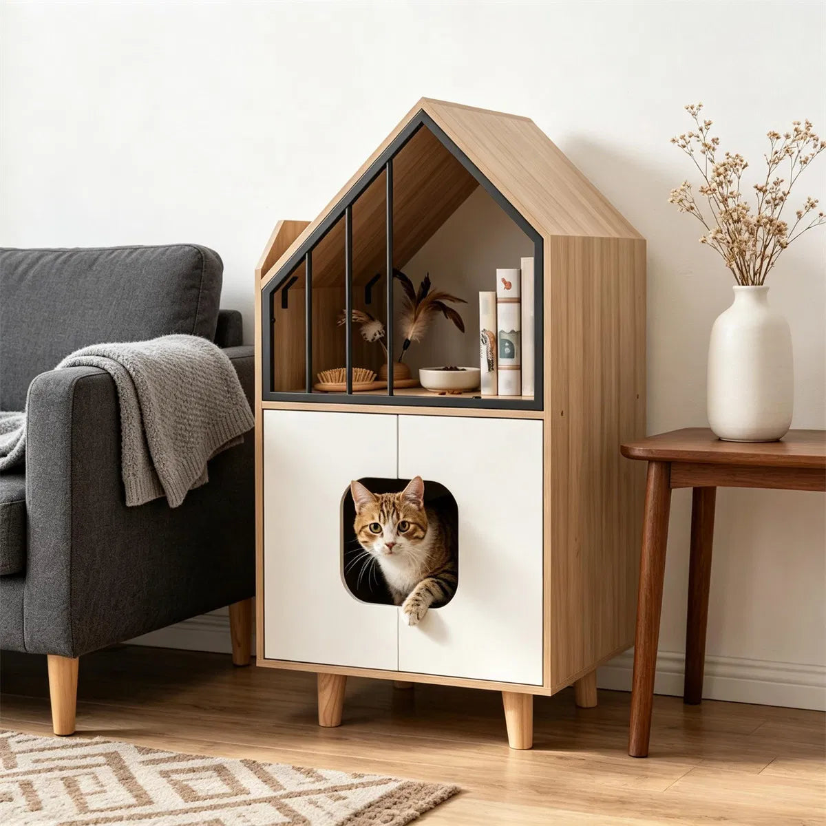 Natural & White Hidden Cat Litter Box Furniture, Elevated Cat Lounge Top Enclosed Cat Washroom Cabinet with Raised Legs - view 6