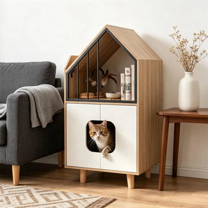 Natural & White Hidden Cat Litter Box Furniture, Elevated Cat Lounge Top Enclosed Cat Washroom Cabinet with Raised Legs - view 6