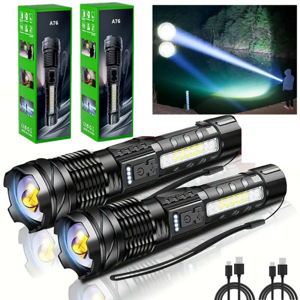 2Pack-USB Rechargeable LED Flashlight Adjustable Focus Camping Hiking Outdoor Flashlight Work Light Logistics