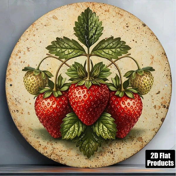 1pc Vintage Fresh Strawberry 2D Flat Round Sign 8x8in, "x8in" Retro Fruit - view 3