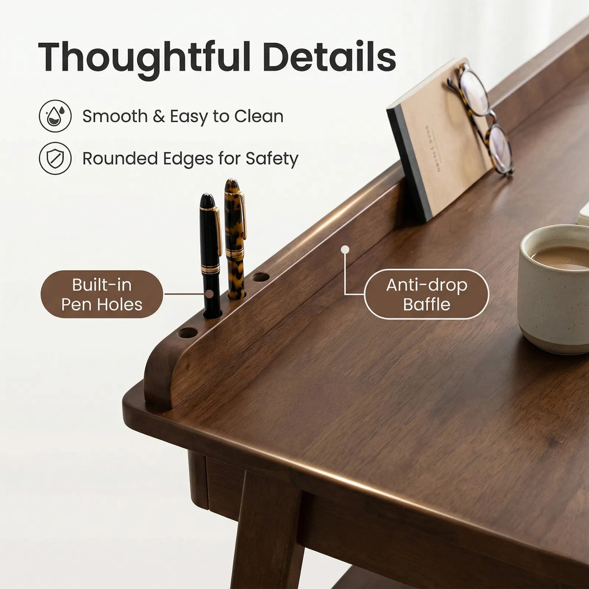 Solid Wood Writing Desk, Home Office Desk for Small Spaces, Mid Century Modern Desks with 2 Drawers & Storage Shelf - view 5