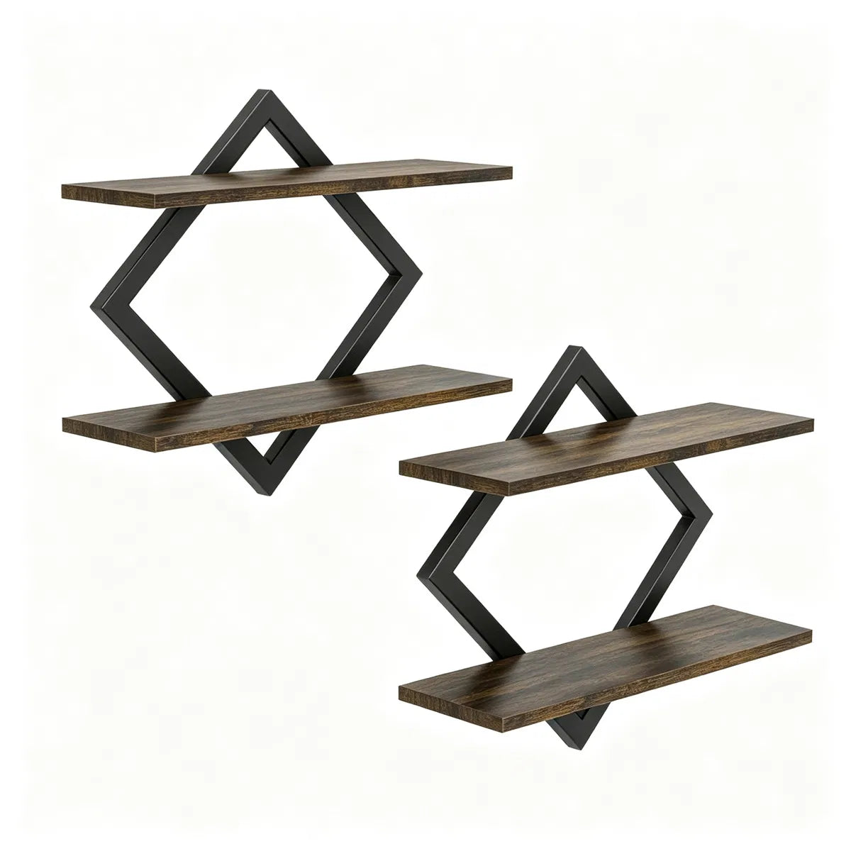Black Rustic Brown 2Tier Floating Wall Shelves Set of 2, Diamond Metal Frame Wall Mounted Storage Shelves for Living - view 2