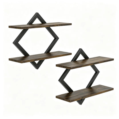 Black Rustic Brown 2Tier Floating Wall Shelves Set of 2, Diamond Metal Frame Wall Mounted Storage Shelves for Living - view 2