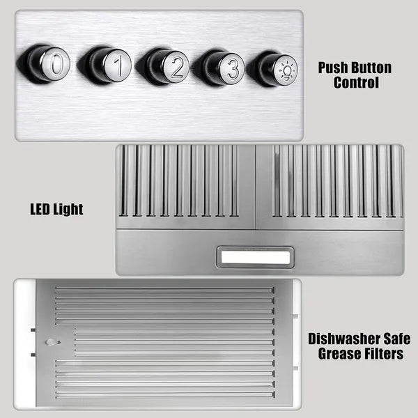 Range Hood 36 Inch; Wall Mount Vent Hood In Stainless Steel With Ducted/Ductless Convertible Duct; 3 Speed Exhaust Fan - view 4
