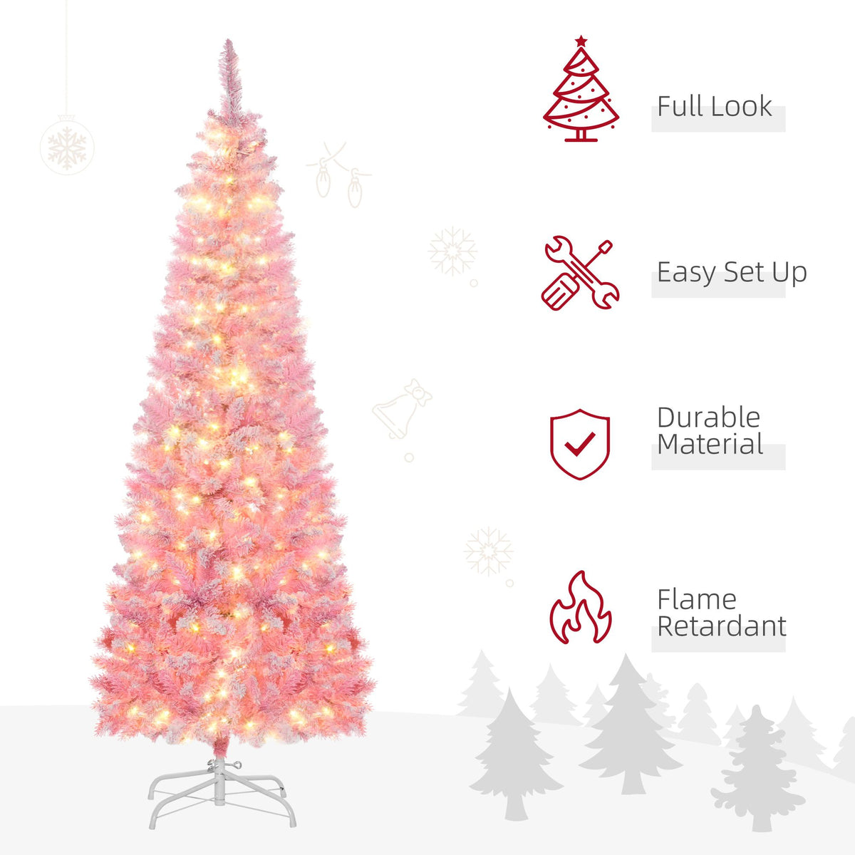 6 Foot Prelit Snow Flocked Artificial Christmas Tree With Pencil Shape, 500 Pine Realistic Branches - view 2