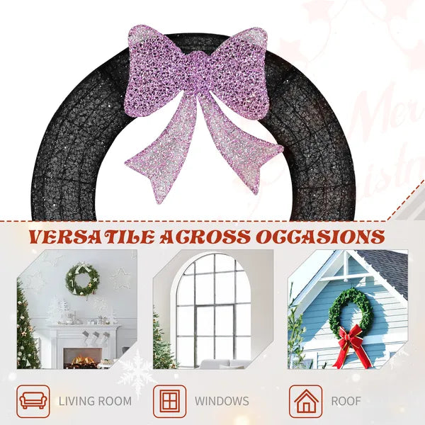 36in Pre-lit Outdoor Christmas Wreath Decoration, Lighted Metal Wreath With Purple Bow - view 3