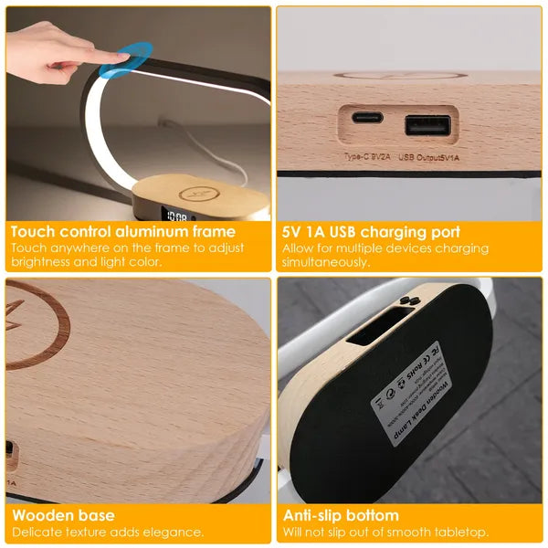 Bedside Table Lamp Touch Control Lamp With Clock Wireless Charging LED Desk Lamp Dimmable Nightstand Reading Lamp - view 3