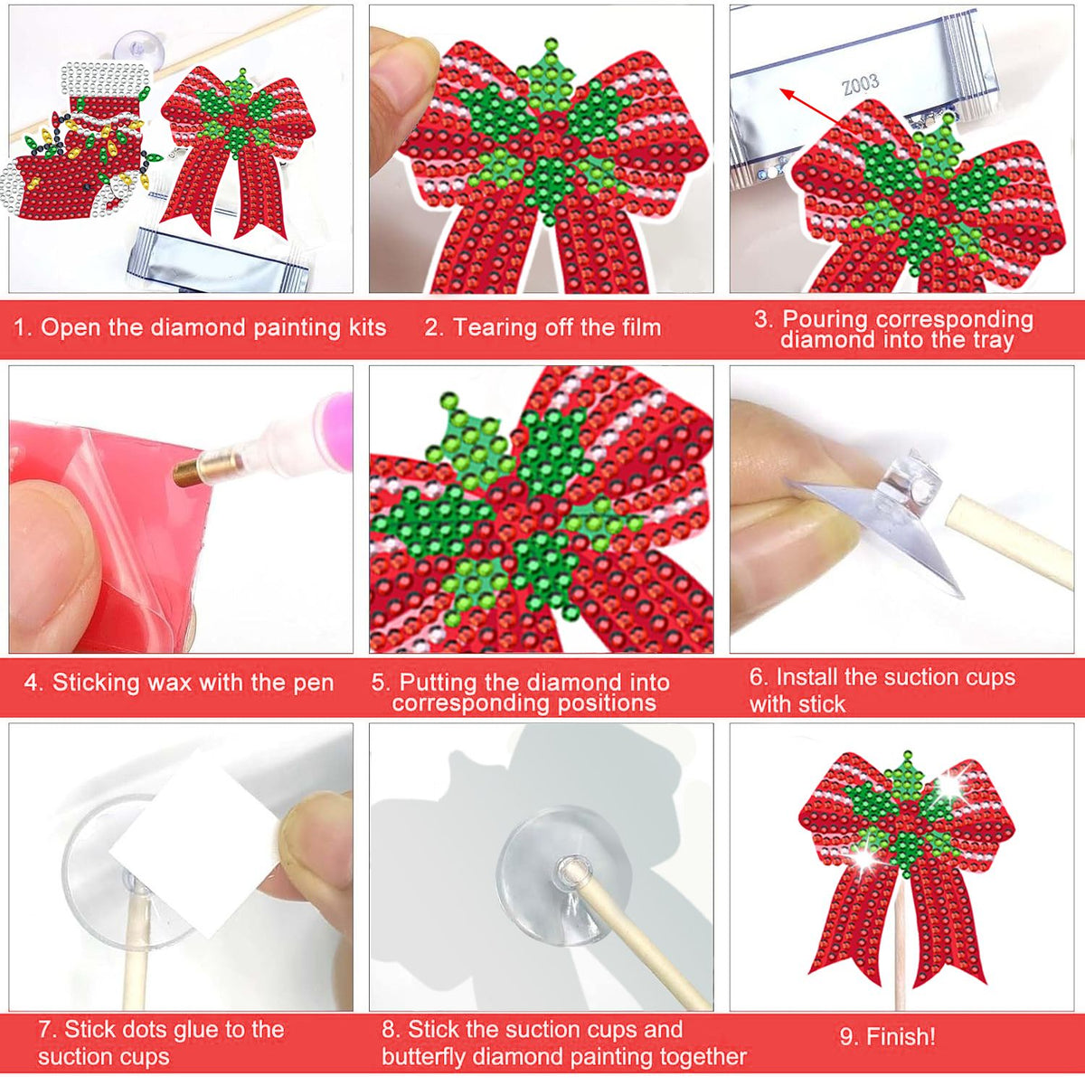 12Pcs Christmas Rhinestones Painting Kits Santa Claus Snowman Gingerbread Man Christmas Stockings Bows Design - view 4
