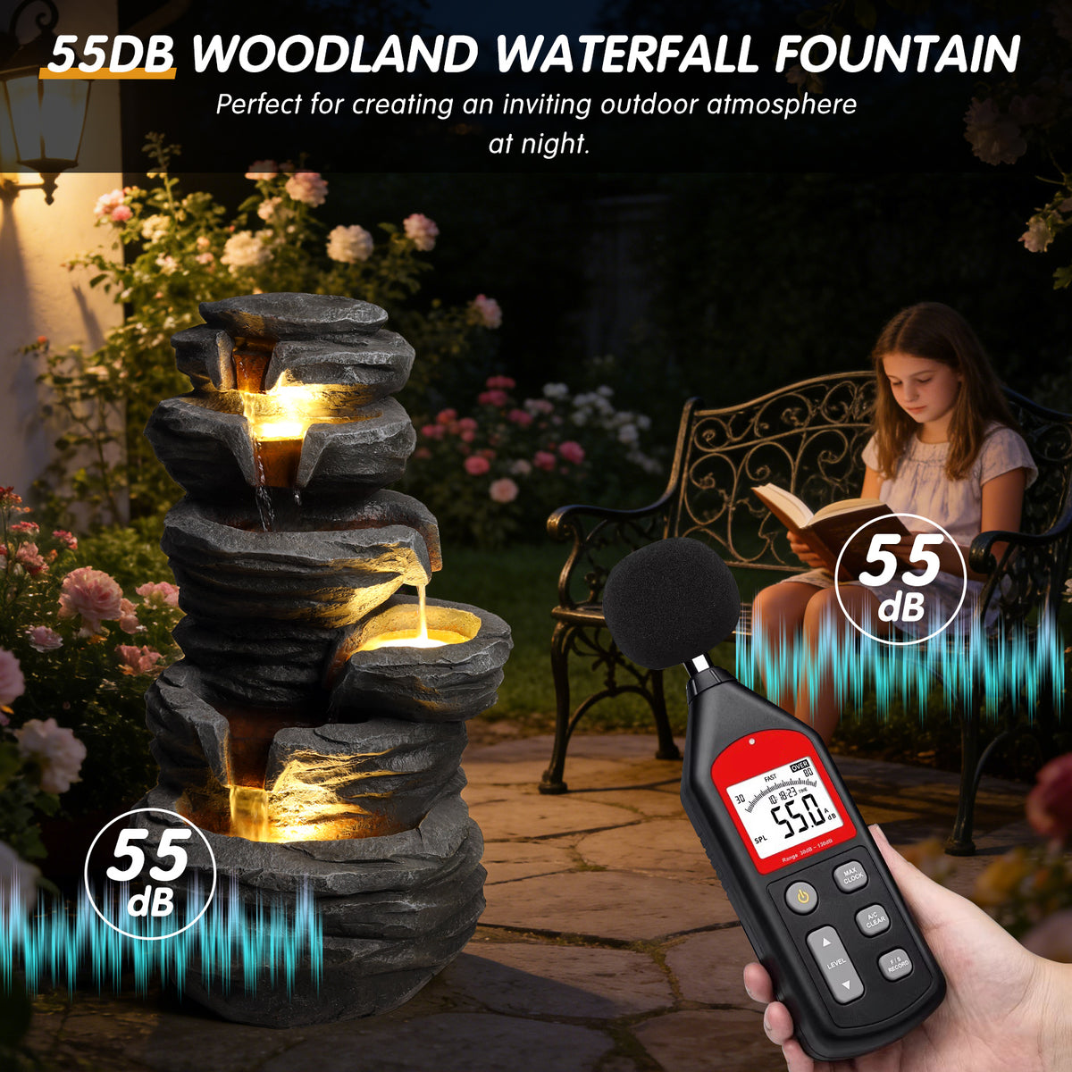 Outdoor Waterfall Fountain With Lights Stacked Rock Cascading Water Feature Resin Garden Decor For Patio Yard Porch - view 9