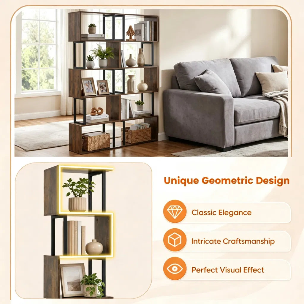 5-Tier S-Shaped Bookshelf, Modern Geometric Freestanding Display Shelf with Heavy-Duty Metal Frame - view 3