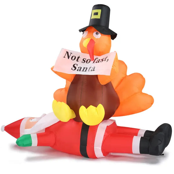 4.9 FT Lighted Christmas Inflatable Decoration, Inflatable Turkey Sitting On Santa Claus - view 3