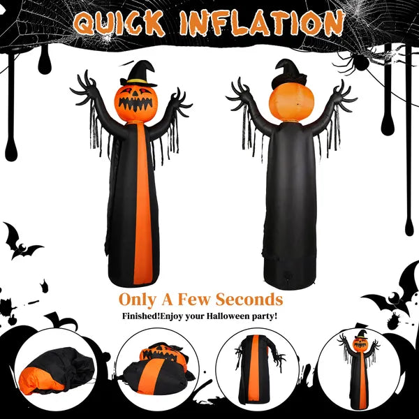 10ft Inflatable Halloween Decor With Rotatable Head Pumpkin Ghost In Cape, 6 Built-in LED Lights, Black & Orange - view 4