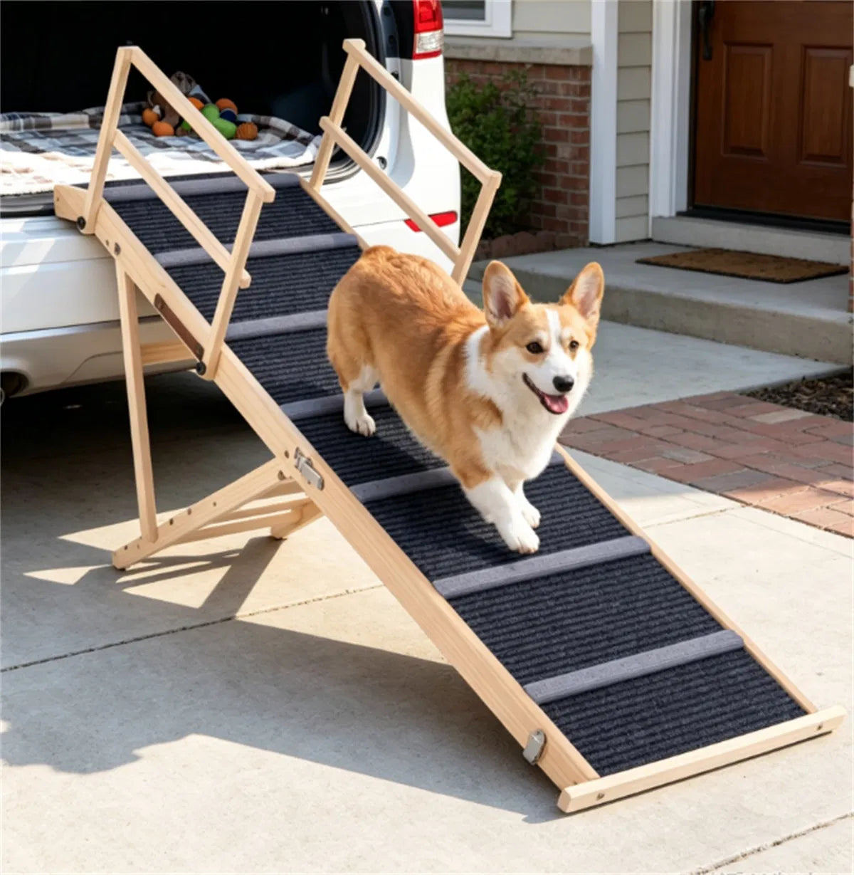 6-Level Adjustable Foldable Pet Ramp, Solid Pine Wood Non-Slip Dog Stairs with Side Rails