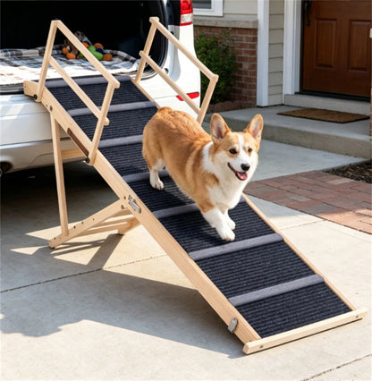 6-Level Adjustable Foldable Pet Ramp, Solid Pine Wood Non-Slip Dog Stairs with Side Rails