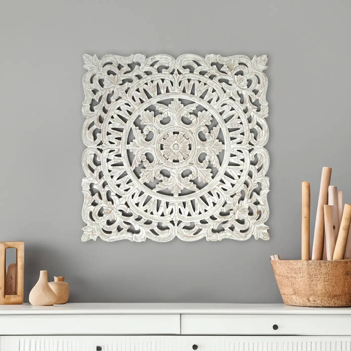 White Square Shape Handcrafted Wooden Wall Decor Elegant Home Accent