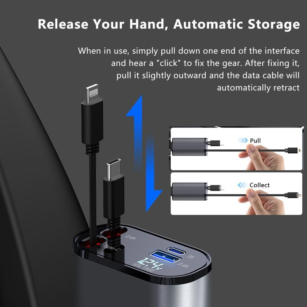 Retractable Car Charger 4 in 1 Fast Car Phone Charger 120W With USB Type C Cable