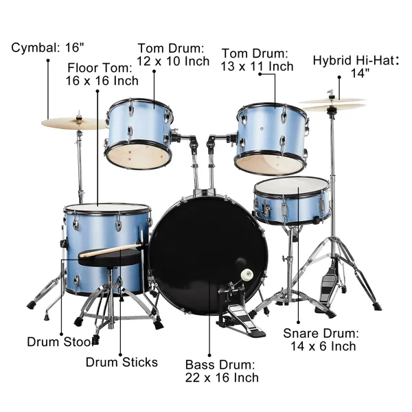 Full Size Drum Set 5-Piece Two Tom Drum, Snare Drum, Floor Tom - view 5