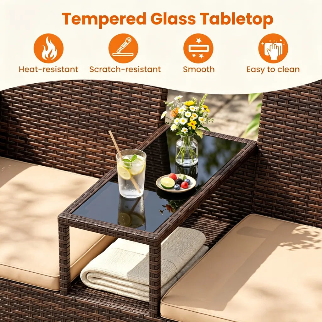 2-Seat PE Wicker Patio Loveseat Set, Outdoor Rattan Sofa with 2-Tier Tempered Glass Table - view 7
