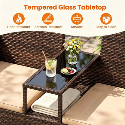 2-Seat PE Wicker Patio Loveseat Set, Outdoor Rattan Sofa with 2-Tier Tempered Glass Table - view 7