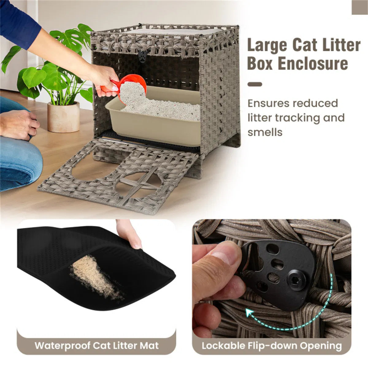 2-Tier Wicker Cat Condo with Litter Mat - Hidden Litter Box Enclosure, Detachable Washable Cushion, Gray Rattan - view 5