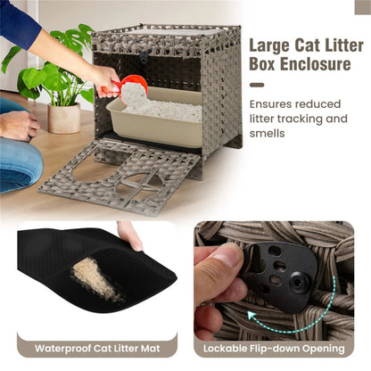 2-Tier Wicker Cat Condo with Litter Mat - Hidden Litter Box Enclosure, Detachable Washable Cushion, Gray Rattan - view 5