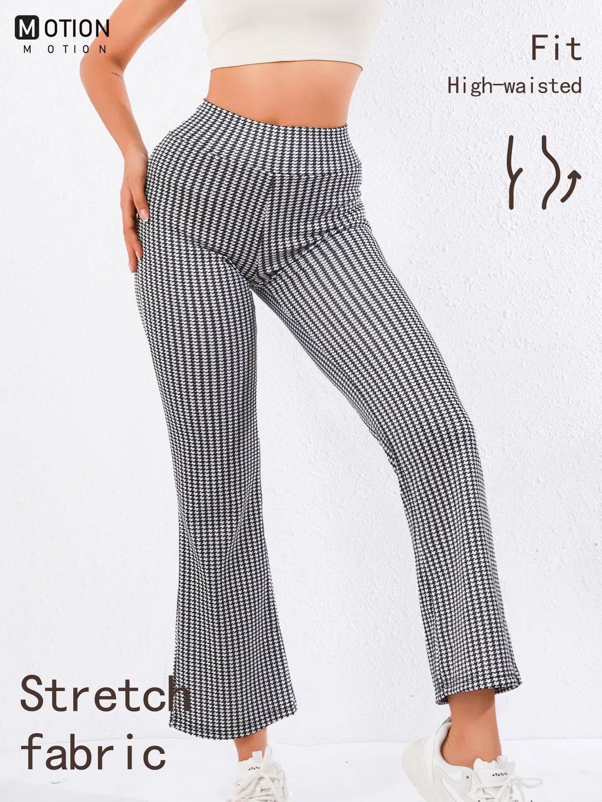 High-Waisted Houndstooth Flare Trousers Sleek Fit, Comfy Stretch, Classy Look