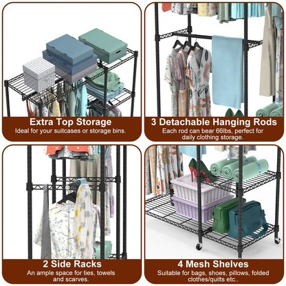 4 Tier Heavy Duty Garment Rack With Wheels Carbon Steel Clothing Rack Portable Wardrobe Clothes Rack With 3 Hanging - view 10