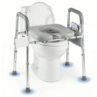 Adjustable Raised Toilet Seat (25.5"-28" Width X 27"-31" Height), 300LBS Capacity With Armrests & Storage Pouch