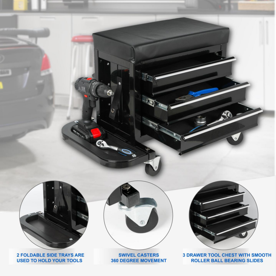 3-Drawer Tool Chest Rolling Mechanic Seat With Tool Trays,350lbs Max Weight Capacity,Black - view 10